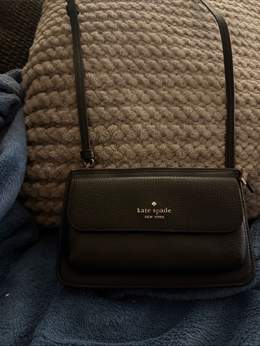 kate spade Black Pebbled Leather Crossbody Bag with Gold Logo